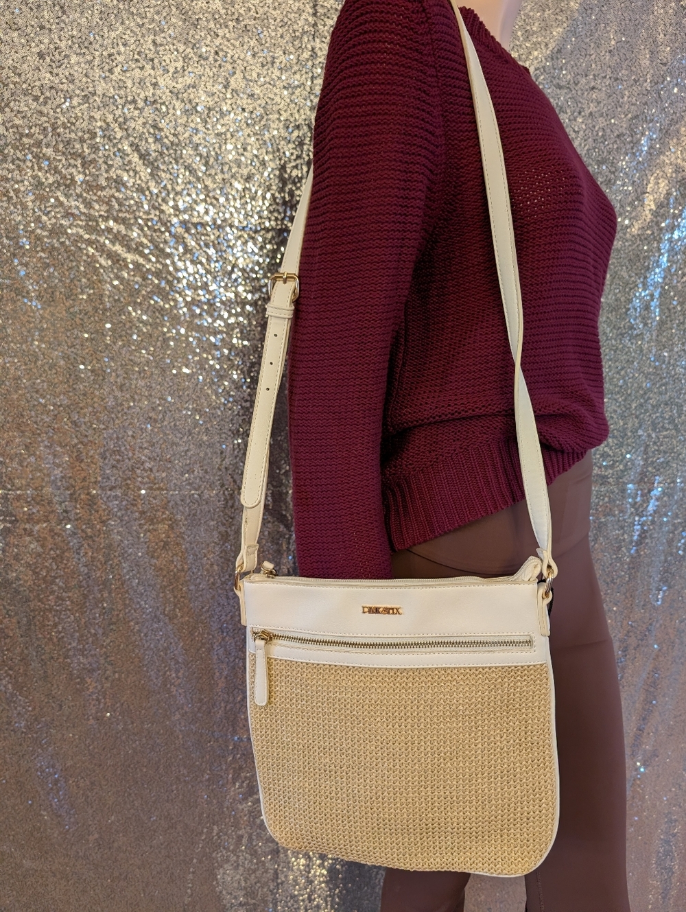 NWOT Pinkstix Cream & Woven Straw Crossbody Bag